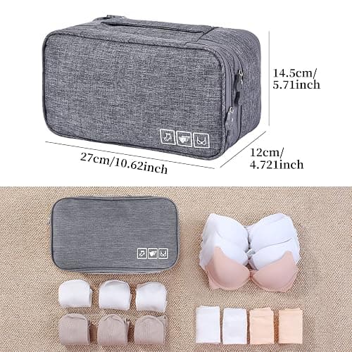Unaone Travel Underwear Organizer - Portable Bra Travel Packing Storage Bag Large Compartment Underwear and Sock Organizer Bag, Grey thumbnail 3