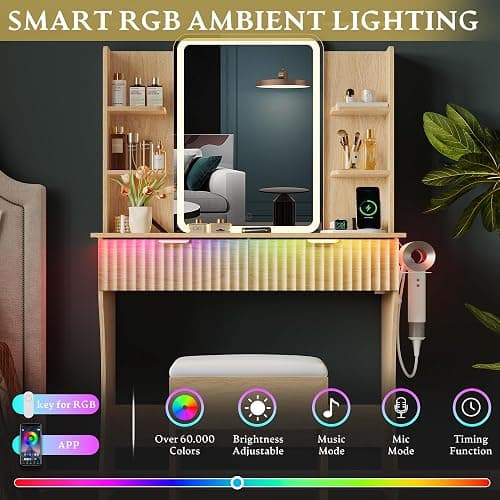 Vanity Desk with LED Lights Mirror & Power Outlet, Small Makeup Vanity Table Set with Storage Drawers & Chair, 3 Lighting Modes & Adjustable Brightness, Dressing Table for Women Girls Bedroom, Oak thumbnail 4