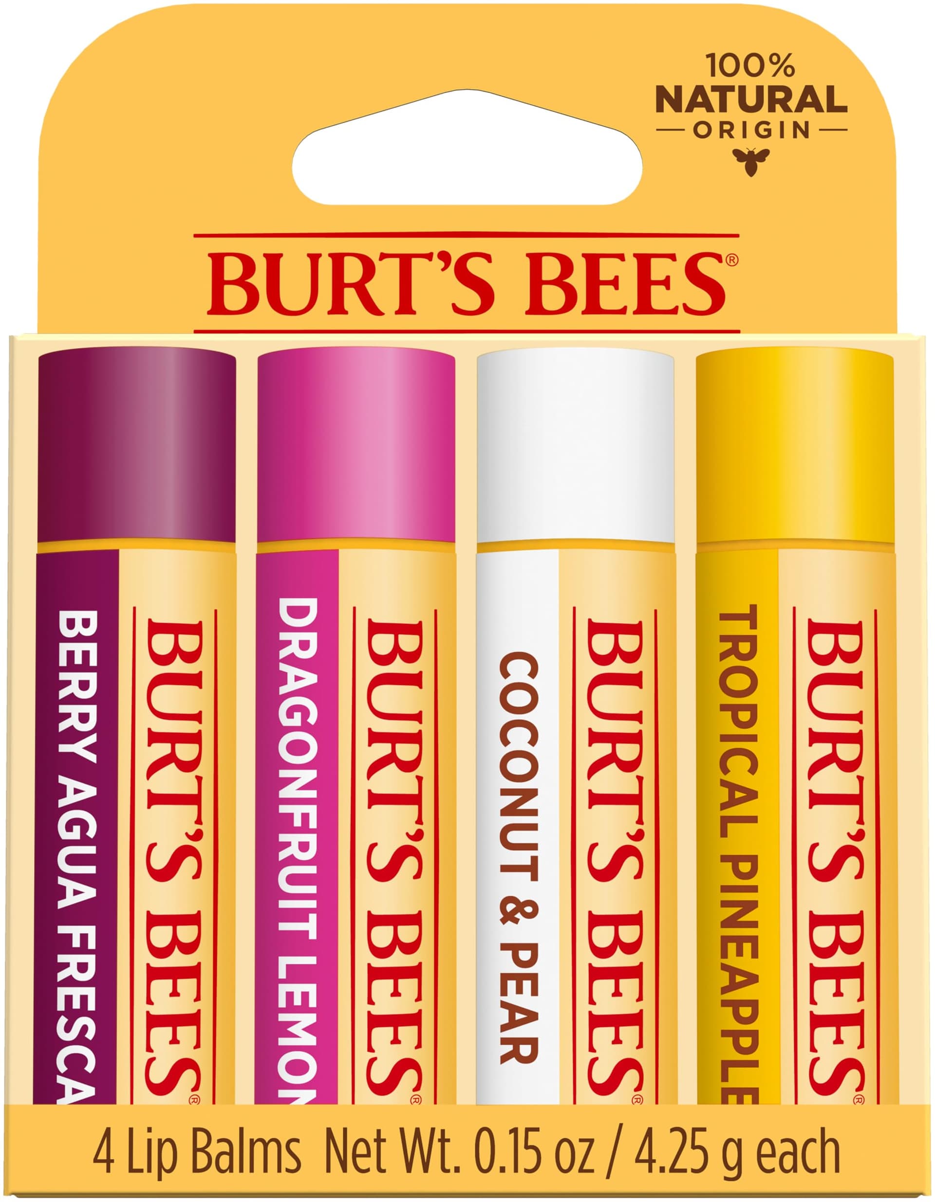 Burt's Bees 100% Natural Origin Moisturising Lip Balm Set, Tropical Pineapple, Berry Agua Fresca, Dragon Fruit Lemon and Coconut and Pear, 4 Tubes - Image 1
