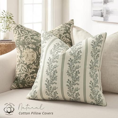 DKwizme Vintage Throw Pillow Covers 18x18 Set of 2, Striped Floral Pillow Cover Botanical Patterned Decorative Cushion Covers Modern Farmhouse Home Decor for Sofa Couch Bed Living Room, Moss Green thumbnail 2