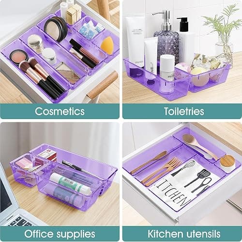 WOWBOX 25 PCS Plastic Drawer Organizer Set, Desk Drawer Divider Organizers and Storage Bins for Makeup, Jewelry, Gadgets for Kitchen, Bedroom, Bathroom, Office, Clear Purple thumbnail 6