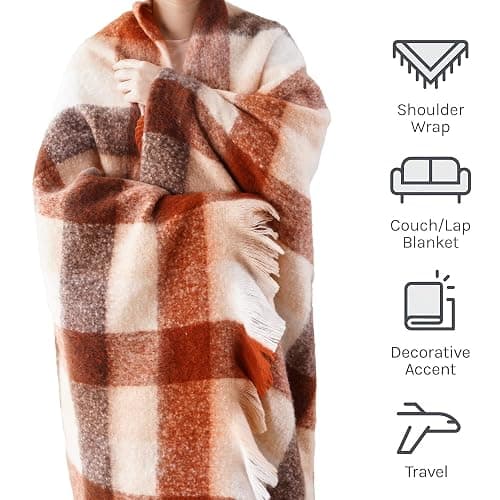 BATTILO Rust Plaid Throw Blanket for Couch Bed, Soft Mohair Tartan Plaid Blanket, Farmhouse Style Checkered Pattern, Fall Throw Blankets for Home Decor(50"x60") thumbnail 8