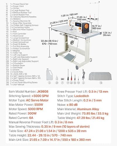 VEVOR Industrial Sewing Machine, 550W Lockstitch Sewing Machine Set with Servo Motor and Table Stand, 5000 SPM High Speed, Metal Frame, LCD Panel, LED Light, for Cotton, Wool, Denim, Leather, Canvas thumbnail 3