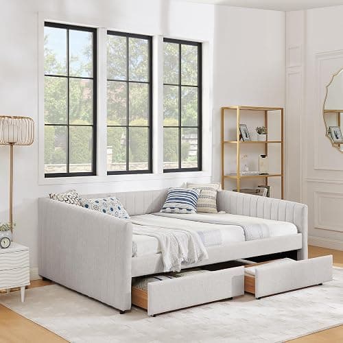 KEIKI Queen Size Linen Upholstery Daybed with 2 Drawers, Modern Style Tufted Corner Sofa Bed Frame with Solid Wooden Slats, Easy Assembly, No Box Spring Required, for Living Room, Bedroom, Beige thumbnail 3