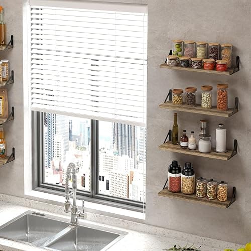 Fixwal Floating Shelves Width 4.7in Rustic Wood Wall Shelves Set of 8, Wall Shelves for Bedroom, Living Room, Kitchen, Bathroom, Office Decor and Plants Display (Carbonized Black) thumbnail 5