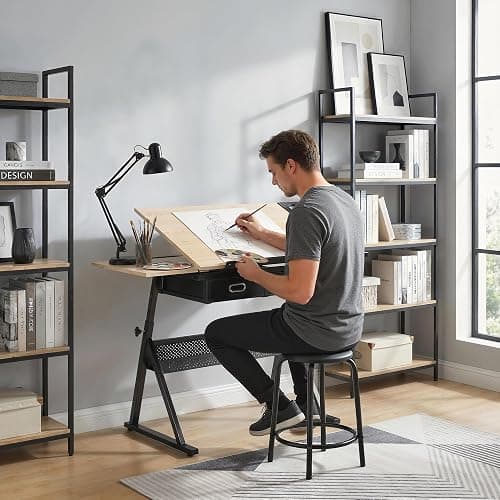 HOMCOM Adjustable Drafting Table, Art Desk Drawing Table Workstation with Stool and Storage Drawers for Painting, Multifunctional Writing Desk, Oak thumbnail 8