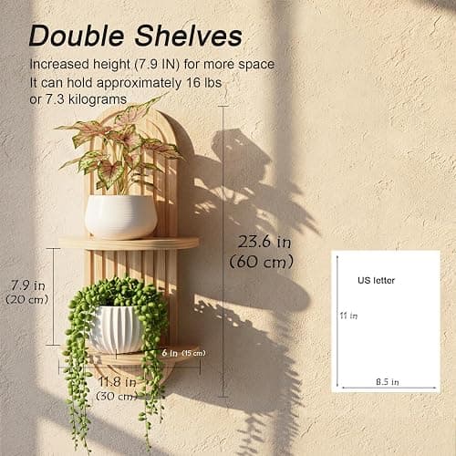 Nacidooka 23.6" Boho Arched Wall Shelves Set of 2 Mid Century Plant Shelves | 2-Tier Natural Wood Floating Shelves Decorative Wall Plant Holder for Home Living Room Bedroom Bathroom Entryway Office thumbnail 2