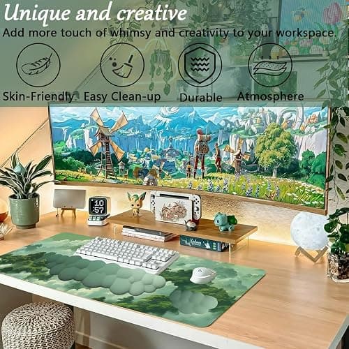 Green Cloud Mouse Pad and Keyboard Wrist Rest 4PCS Extended Forest Mountain Aesthetic Large Desk Mat Pad Set Memory Foam Non-Slip Cute Ergonomic Gaming Mouse Pad Wrist Support for Computer Home Office thumbnail 2