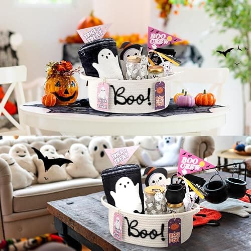 Reallnaive Halloween Boo Woven Basket Cute Storage Spooky Basket with Handle Boo Woven Trick or Treat Gift Organizer for Halloween Party Favors and Decorations Women Men(White,12 x 8 Inch) thumbnail 6