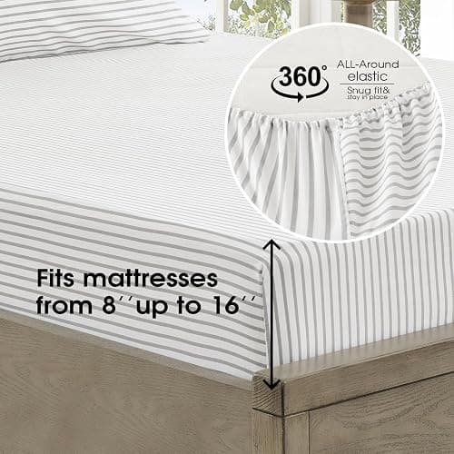FreshCulture Full Size Bed Sheets - Ultra Soft Striped Sheets - Brushed Microfiber - Deep Pockets up to 16" - Easy Care - Hotel Luxury 4 Piece Striped Sheets Full, Stripe Grey thumbnail 4