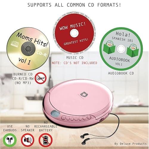 Deluxe Products CD Player Portable with 60 Second Anti Skip, Stereo Earbuds, Includes Aux in Cable and AC USB Power Cable for use at Home or in Car. Pink thumbnail 2