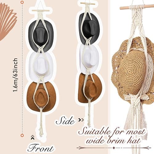 Yulejo Macrame Hat Hangers Boho Hat Rack for Wall Western Cowboy Hanging Organizer for Door Wall Room Bedroom thumbnail 2