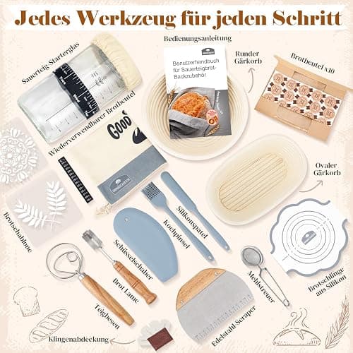  Sauerteig Starter Set, 25cm & 23cm Gärkorb Brot Backen, Sauerteig Starter Set Mit Sauerteig Starterglas, Brot Backen Startver Großes Geschenk Für Anfänger, Erfahrener Bäcker thumbnail 8