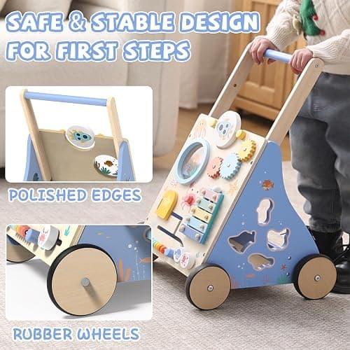 Ocean-Themed Wooden Baby Walker with Activity Center, Montessori Push Walker Toy for Babies 18 Months, Safe First Steps Baby Walking Aid for Boys & Girls thumbnail 4