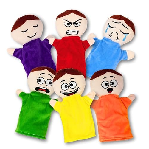 4E's Novelty Feeling Hand Puppets for Kids with 6 Emotions, with Moveable Arms, Soft Plush Hand Puppets for Toddlers, Early Education Toys, Social Emotional Learning Activities - Pack of 6 - Image 1