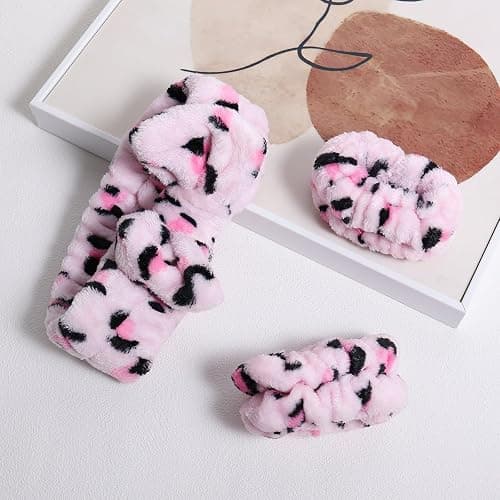 Miroksh Pink Leopard Print Plush Wash Face Headband Bowknot Cheetah Spa Hair Band Wrist Cuffs Women Girls Facial Makeup Skincare Bath Head Wrap Lady Costume Party Supply Xmas Gift thumbnail 6