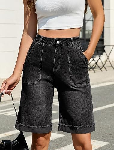 Eddoyee Bermuda Shorts for Women High Waisted Knee Length Cuffed Long Stretchy Denim Shorts Loose Summer Jean Jorts thumbnail 4