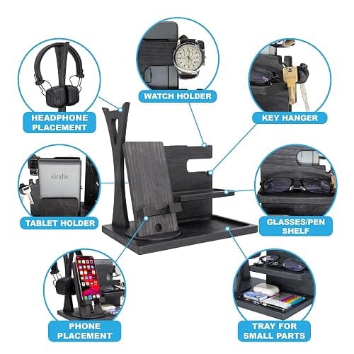 Gift for Men Nightstand Organizer with Headphone Stand & Rotating Phone Stand, Stylish Headphone Holder to Keep Desk Accessories for Men Organized, Unique Dad Birthday Gift, Gifts for Boyfriend thumbnail 4