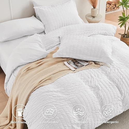 HYMOKEGE White Full Size Comforter Sets Seersucker 7 Pieces, All Season Luxury Bed in a Bag for Bedroom, Bedding Set with Comforters, Sheets, Pillowcases & Shams thumbnail 3