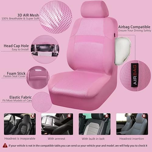 CAR PASS Pink Car Seat Cover Full Sets, Air Breath in Summer Mesh Seat Cover 5mm Sponge Airbag Composite, Cute for Women Girly, Universal Fit SUV, Vans, sedans,Trucks, Automotive Interior All Pink thumbnail 2