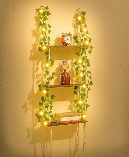 WOOD MEETS COLOR 3 Tier Macrame Wall Hanging Shelves with Artificial Ivy Leaves,Boho Room Decor Handmade Cotton Rope,Wooden Hanging Storage Floating Shelves for Small Plants,Living Room Bedroom - Image 1