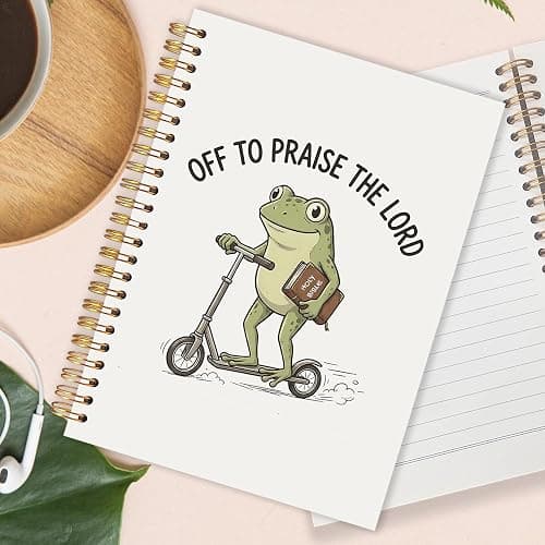 OJMFHEGEE Funny Christian Frog Spiral Notebook 5.5x8.3 in, Off To Praise The Lord Frog Hardcover Notebook Journal Gifts for Women Men, Bible Prayer Journal for Women Men thumbnail 5