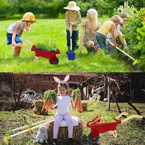 Qtioucp Kids Gardening Tools Outdoor Toys Set Backyard Play with Wheelbarrow Educational STEM Learning Pretend Toys Outdoor Indoor for Toddlers Kids Boys Girls (Red Wheelbarrow Set) thumbnail 4