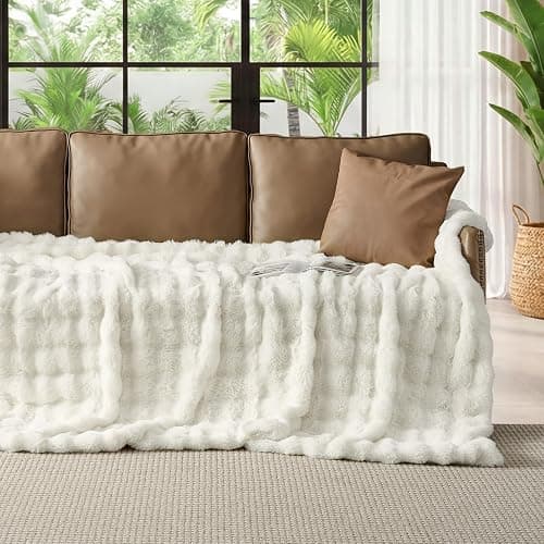 Lotus Karen Queen Size Faux Fur Blanket - Cream White Big Bubble Rabbit Fluff, 90x90 Inches thumbnail 3