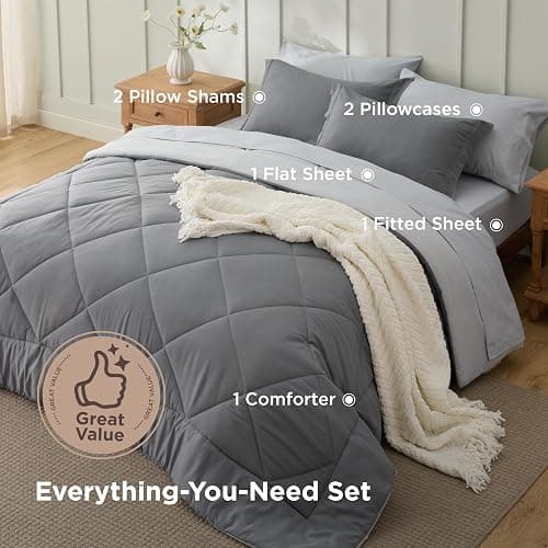 Bedsure Queen Comforter Set - 7 Pieces Reversible Grey Bedding, GentleSoft™ Queen Size Bed Set Gift for Family, Bed in a Bag with Warm Down Alternative Comforter, Sheets, Pillowcases & Shams thumbnail 3