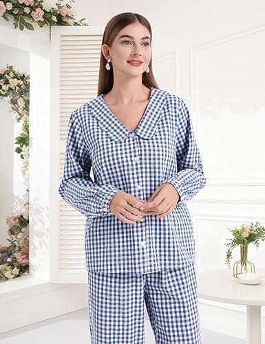 PEHMEA Women's Plaid Pajamas Set 2 Piece Cotton Gingham Sleepwear Puff Sleeve Scalloped Babydoll Shirt Lounge Pj Sets thumbnail 2