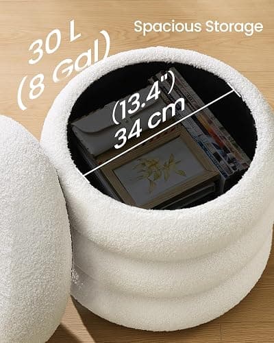 SONGMICS Vanity Stool, Round Ottoman with Storage, Upholstered Foot Stool, Removable Lid, for Living Room, Bedroom, Easy Assembly, 16.9 x 16.9 x 18.5 Inches, Teddy Fleece, White ULOM015WD01 thumbnail 2