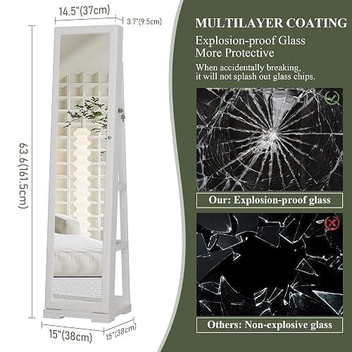 jajov 63" Mirror Jewelry Cabinet with Lights, 360° Swivel Frameless Full-Length Mirror Jewelry Armoire Organizer Standing, Rear Storage Shelves – White thumbnail 2