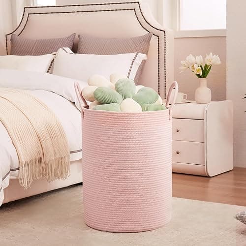 MOJOSCEND 80L Extra Large Pink Hamper Laundry Basket for Baby Girls Tall Nursery Hamper for Kids Woven Rope Clothes Basket for Little Girls Room Bedroom Light Pink Kawaii Tall Laundry Bin thumbnail 4