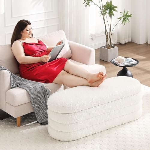Busaurus Storage Ottoman Bench 49.2 Inch Upholstered Fabric Storage Bench for Bedroom End of Bed Aesthetic Large Oval Storage Ottoman for Living Room Entryway (Ivory) thumbnail 8
