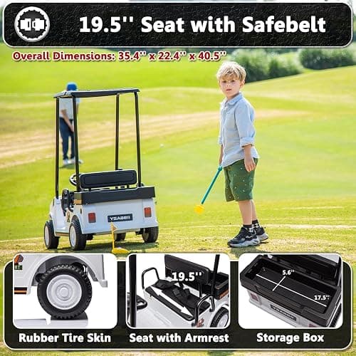 12V Golf Cart for Kids Boys Girls 2 Seater Electric Ride on Toys, White | Detachable Sunshade Roof, 2WD, With Remote Control, Music Player, for Kids 3-5, Max Load 100 Lbs thumbnail 5