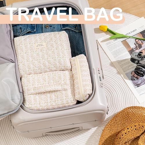 UUYUUY Makeup Bag for Women 3PCS Quilted Cotton Make Up Bag Travel Cosmetic Bag Large Makeup Bag Set Cute Makeups Organizer Floral Toiletry Pouch for Purse, Pink Floral C thumbnail 6