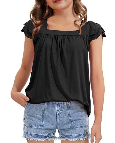 KEREDA Girls Short Sleeve Shirts Summer Tunic Tops Lace Openwork Ruffled Girls Cute Square Neck Clothes Blouse 5-14 Years - Image 1