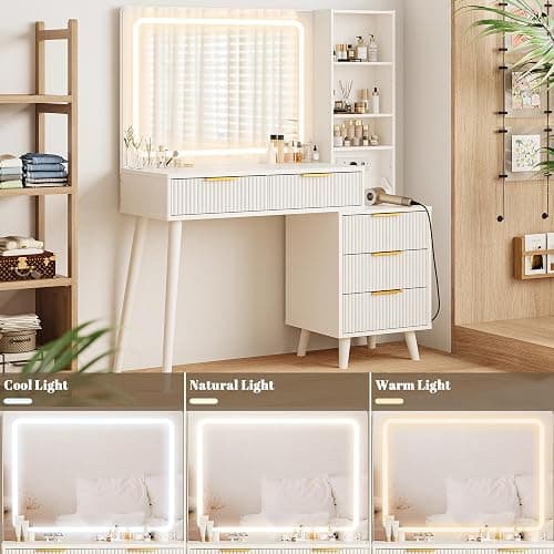 Vanity Desk with Mirror and Lights, Makeup Vanity Desk with Power Outlet, Makeup Desk with 5 Drawers&Storage Shelves, Vanity Table 3 Color Modes Adjustable Brightness Dressing Table Set for Bedroom thumbnail 4