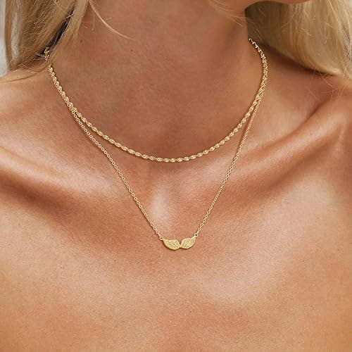 MEVECCO Dainty Textured Angel Wings Necklace for Women | 18K Gold Plated Brass, Integrated Horizontal Centerpiece, Balanced Symbolic Accent, Refined Everyday Styling thumbnail 3