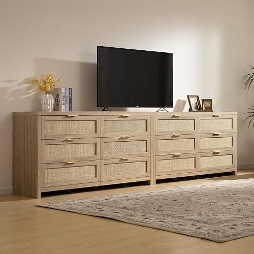 SICOTAS Rattan Dresser for Bedroom, 56.9" Wide 6 Drawer Dresser with Ample Storage, Dressers Large Chest of Drawers, Closet, Boho TV Stand for Bedroom (Reclaimed Light Oak, 1 Piece) thumbnail 8
