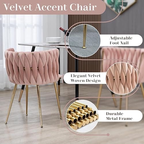 HAIZAO Golden Round Dining Table Set for 4, 39'' Clear Glass Top Dinner Table Set, 5 Pieces Modern Luxury Circle Kitchen Table and Pink Woven Chairs Set, Small Circular Dinette Set, for Apartment thumbnail 4