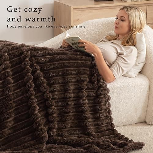 Exclusivo Mezcla Fleece Throw Blanket for Couch, Super Soft Striped Jacquard Bed Blanket, Lightweight Fuzzy Cozy for All Seasons, 127x152 CM, Coffee thumbnail 2