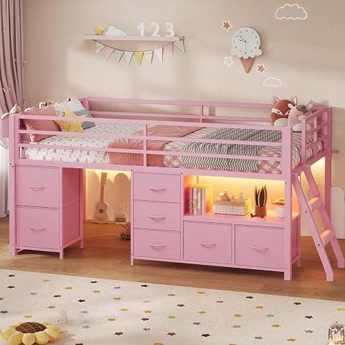 ADORNEVE Low Loft Bed Twin Size with 7 Storage Drawers, Bookcase and LED Lights, Metal Kids Loft Bed with 14" H Safety Guardrail,Inclined Ladder and Play Curtain, Under-Bed Play Space,Pink thumbnail 9