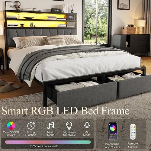 CIKUNASI Queen Bed Frame with Storage Headboard Bed Frame Queen Size with 2 Storage Drawers LED Light and Charging Station Platform Bed Base No Box Spring Needed thumbnail 6