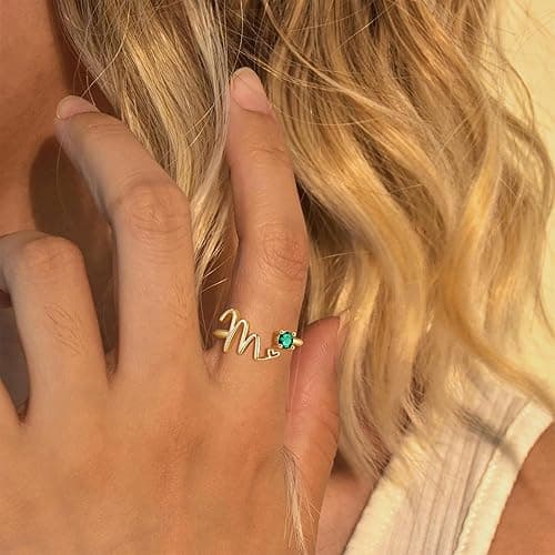 JIAOGE Gold Rings for Women Girls - Non Tarnish Real Gold Plated Initial Ring Adjustable Initial Birthstone Rings for Women Stackable Thumb Pinky Emerald Ring Birthday Bridesmaid Gifts for Women Girls thumbnail 5