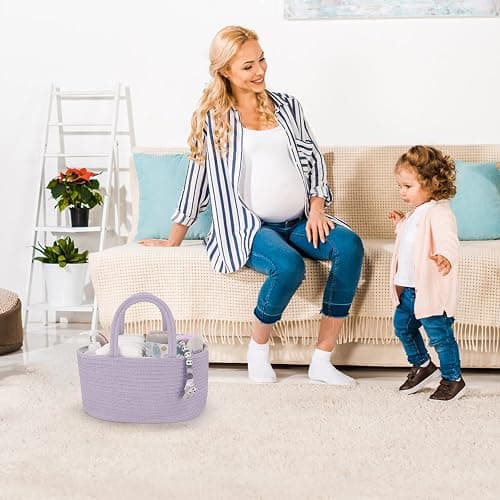 XUANGUO Cotton Rope Baby Diaper Caddy Organizer for Girls Purple Lavender | Nursery Storage Bin, Portable Baby Tote Bag for Changing Table or Car, Baby Shower Gifts Bag, Newborn Essentials, Registry thumbnail 5