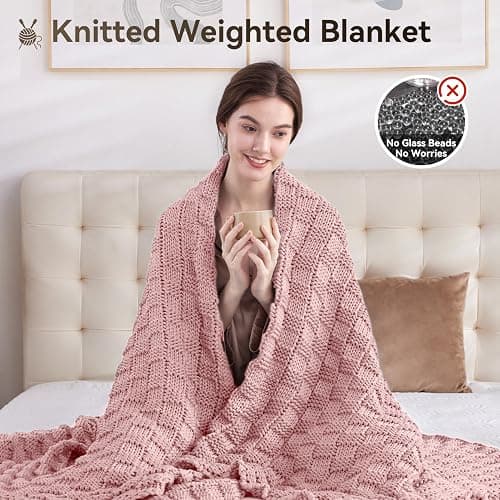 Wellfeel Knitted Weighted Blanket for Adult, No Beads Heavy Blanket 48” x 72'' 12lbs, Breathable Chunky Knit Blanket, Cooling Weighted Blanket for Hot Sleepers, Christmas Home Decor (HoneyPink) thumbnail 5