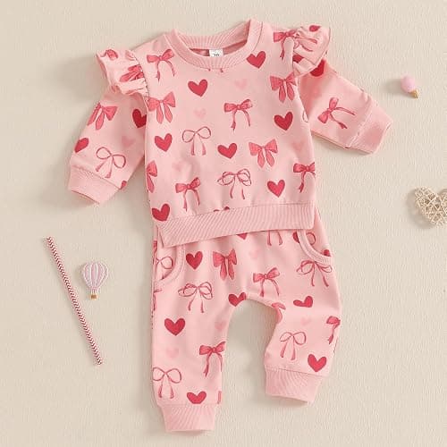 FYBITBO Toddler Baby Girl Valentines Day Outfit Heart Embroidery Long Sleeve Ruffle Sweatshirt Pants Set 2Pcs Spring Clothes thumbnail 2