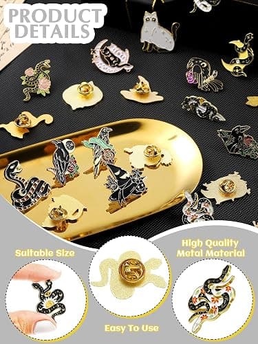 25 Pieces Black Gold Pins Set Backpack Brooches Gothic Pins Crow Snake Cat Button Badges Cool Horror Brooches Cute Aesthetic Badges for Clothing Bags Lapel Jackets DIY Decoration thumbnail 3