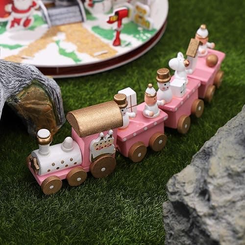 NUOBESTY Winter Wonderland Wooden Mini Train Set for Christmas Party Decorations Under Tree Pink thumbnail 8